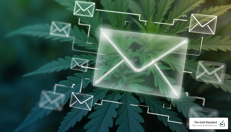 An email icon on a cannabis leaf background