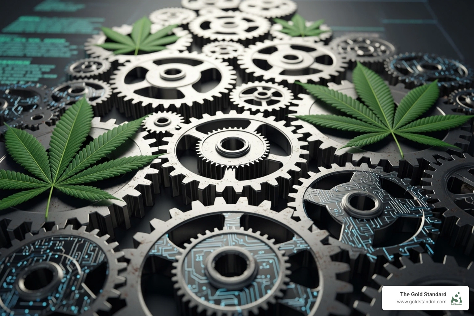Cannabis leaves and cog machinery